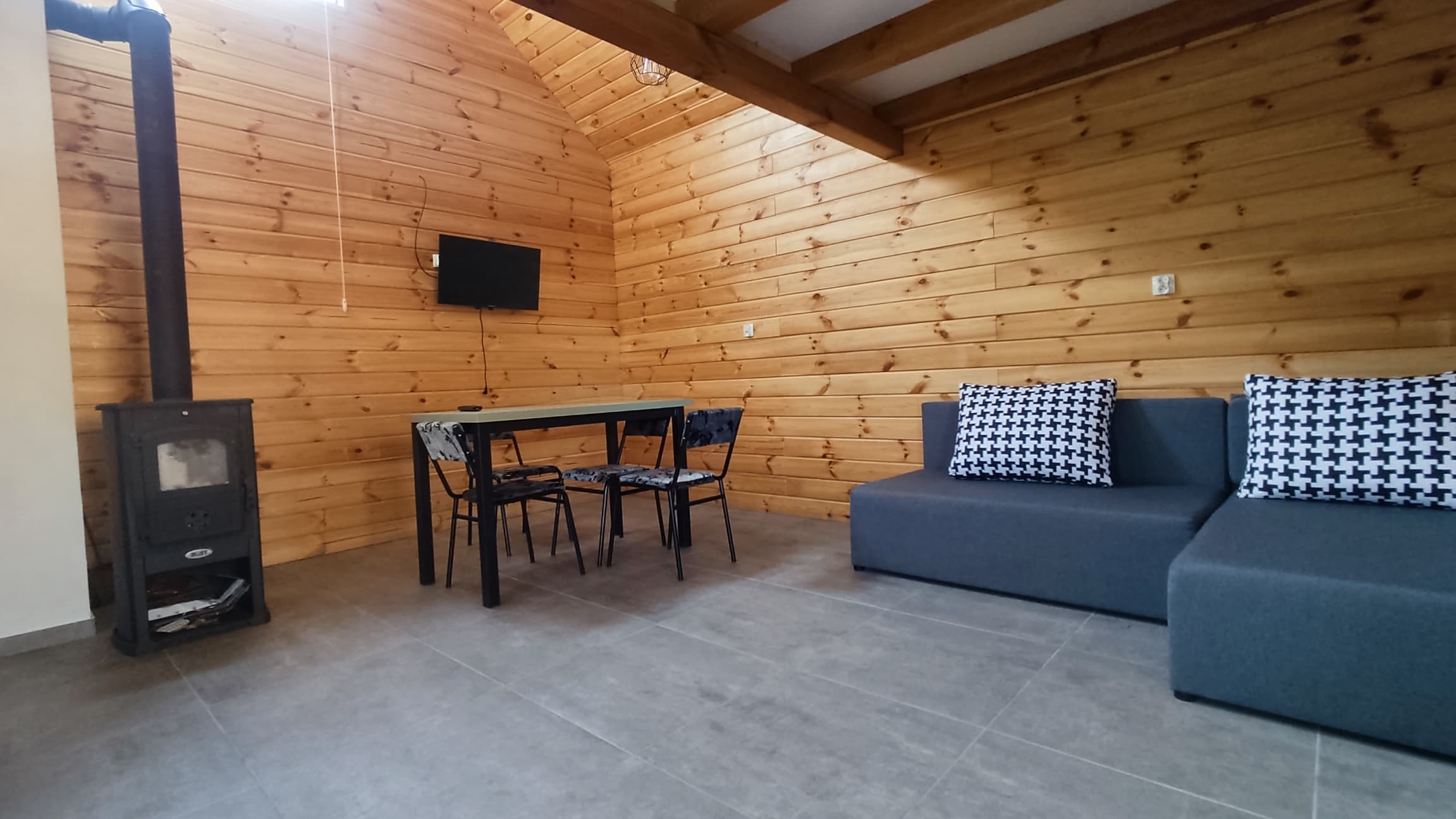 Salon z kanapą i kominkiem typu koza